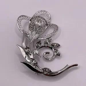 STAR-ART STERLING SILVER 925 LILY FLOWER PIN BROOCH 3D CLEAR RHINESTONE FILIGREE