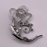 STAR-ART STERLING SILVER 925 LILY FLOWER PIN BROOCH 3D CLEAR RHINESTONE FILIGREE