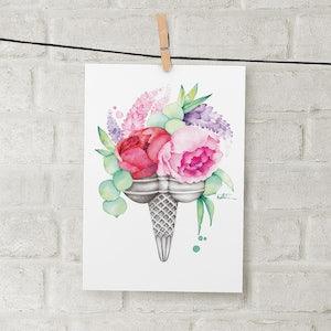 Illustration cornet double peonies / Watercolor poster 5 x 7 / Reproduction handmade floral drawing / Katrinn Illustration