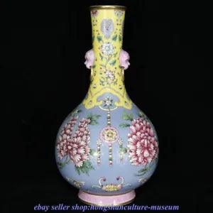 12.8"" Qianlong Marked China Colour Enamel Porcelain Dynasty Peony Flower Vase