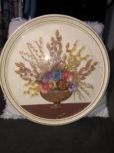 Vintage Dried flower basket harvest circle dome framed picture Very Pretty Wall