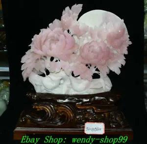 17"Boutique China Natural Xiu Pink Jade Carve Peony Flower Tree Bird Moon Statue
