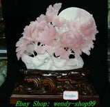 17"Boutique China Natural Xiu Pink Jade Carve Peony Flower Tree Bird Moon Statue