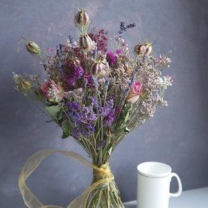 Dry flowers bouquet Blue and Lilac, Buttonhole Bridesmaid bouquet Flowergirl Posy Wedding flower bridal large bouquet grown in UK