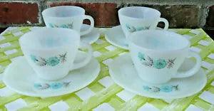 Vintage Fire-King Oven Ware Carnation Flower Bonnie Blue 4 Cups & 4 Saucers  EUC
