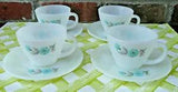 Vintage Fire-King Oven Ware Carnation Flower Bonnie Blue 4 Cups & 4 Saucers  EUC