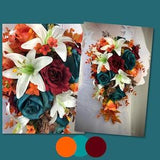 Teal Bridal Bouquet with Burgundy and Orange, White Lily Bouquet with Teal Burgundy and Orange Wedding Flowers, Teal Wedding Bouquet