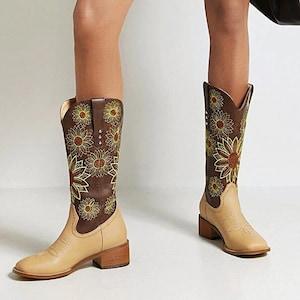 Women Embroidery Sunflower Design Beige Boho Gringo Western Cowgirl Embellished Boots Cowboy Bohemian Mexican Embroidered Boots