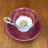 Shafford Hand Decorated Japan Burgundy with Old Accents and a Large Cabbage Rose Teacup and Saucer