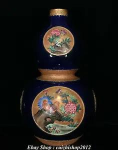 20" Qianlong Marked Famille Rose Porcelain Relief Peony Flower Bird Vase Bottle