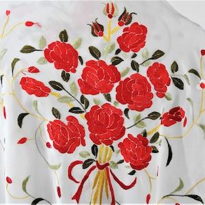 Lovely Large SILK Hand Embroidered SHAWL Wrap Scarf or Piano Shawl White with Red Roses Size is 52" x 56" Incl Fringe