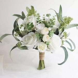 White and green eucalyptus leaves bridal bouquet,  bride bouquet, bridesmaids bouquet, groom buttonhole, wrist corsage, wedding flowers