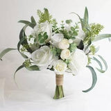 White and green eucalyptus leaves bridal bouquet,  bride bouquet, bridesmaids bouquet, groom buttonhole, wrist corsage, wedding flowers