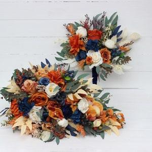 Cascading bouquet Orange navy blue ivory bouquet Orchid dahlia bouquet Faux bouquet Wedding flowers Boho wedding Bridal bouquet