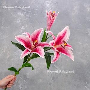 3 Huge Heads Lily Branch | High Quality Artificial Flower | DIY Floral | Wedding/Home Decoration | Gifts - Bright Pink