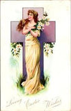 Postcard Beautiful Woman Standing Inside Purple Cross Holding Easter Lilies
