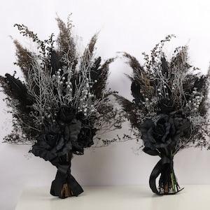 Black silver gothic wildflower bouquet, gothic wedding bouquet with black flowers, pampas grass, black feathers, black silver wedding