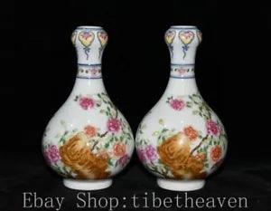 7.2" Qianlong Marked Old China Enamel Porcelain Palace Peony Flower Vase