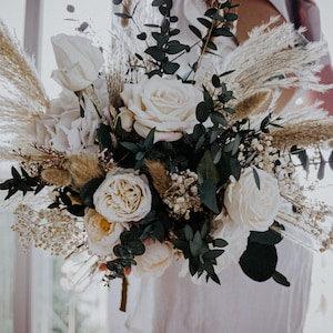 Dried eucalyptus bridal bouquet / white roses pampas grass bouquet for wedding / boho wedding flower