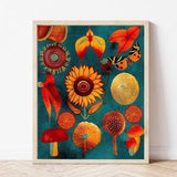 Teal and Orange Sunflower Forest Art Print, Vibrant Botanical Aesthetic Collage, Mushroom Print, Bright Color Art, Mushroom Gift