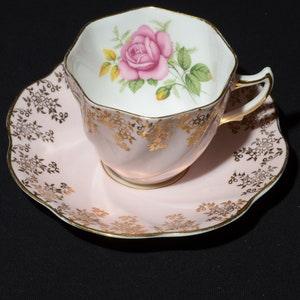 CLARE pink flat Teacup and saucer Set Bone China gold chintz floral pink rose flower bouquet numbered 134