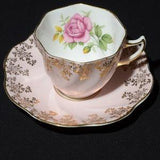 CLARE pink flat Teacup and saucer Set Bone China gold chintz floral pink rose flower bouquet numbered 134