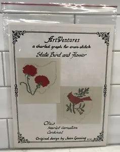 Cross-Stitch Pattern State Bird & Flower Of Ohio Cardinal & Scarlet Carnation