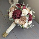 Burgundy, Natural, and Ivory Sola Wood Flower Bouquet with Baby's Breath and Greenery - Bridal Bridesmaid Toss