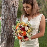 Burgundy bridal bouquet, Orange roses bouquet, Dried flowers bouquet, Fall bouquet,Faux Flower