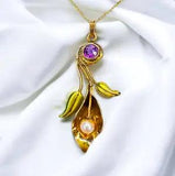 Pearl Amethyst Necklace 18" Antique 10k Gold Art Nouveau Calla Lily Flower 2.7g