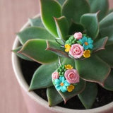 Polymer clay pastel flower bouquet earrings, Handmade romantic floral earrings, Rose and lilly miniature bouquet jewelry