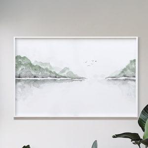 Mountain Wall Art, Minimalist Painting, Watercolor Print, Reflection, Calm Wall Art, Green Landscape, Lake Living Room Decor, Mothers Day