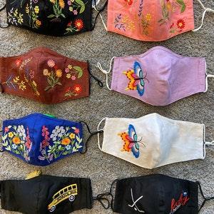 EMBROIDERED FACE MASKS Part 1! 3 Layered High Quality, Washable Face Masks with Nose wire, Filters Pocket, and Adjustable Elastics!
