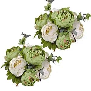 2Pcs Vintage Artificial Peony Silk Flowers Bouquet Home Office New Green-2