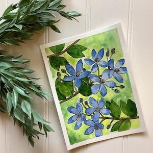 Watercolour Painting of Lignum Vitae Flowers, Original Hand Painted Botanical Art, National Flowers Series, Jamaica, Blue Floral Artwork