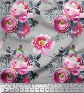 Soimoi Gray Velvet Fabric Peony And Ranunculus Floral Print Fabric-i5K