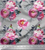 Soimoi Gray Velvet Fabric Peony And Ranunculus Floral Print Fabric-i5K
