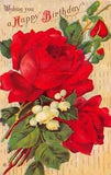 Gorgeous Red Roses & Lily of the Valley on 1916 Birthday Postcard-Series 235 E