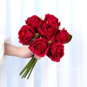 7 Stems Real Touch Latex Rose Bouquet | High Quality Artificial Flower | DIY | Wedding/Home Decoration | Gifts - Red