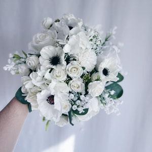 Bridal bouquet with white flowers and anemones, bridesmaid bouquets, white fake bouquet, white and green bouquet, white boutonniere