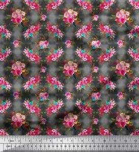 Soimoi Gray Cotton Poplin Fabric Feather & Ranunculus Floral Print-DUS