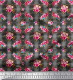 Soimoi Gray Cotton Poplin Fabric Feather & Ranunculus Floral Print-DUS