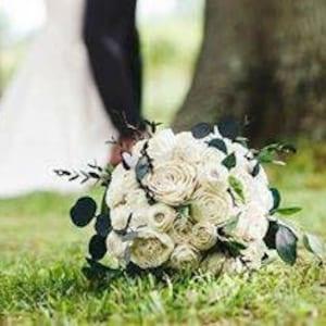 Natural Sola Wood Flower Bouquet, Bouquet with Eucalyptus, Wooden Flowers, Bridal Bouquet, Ivory Bouquet