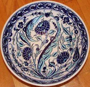 12"x4" Handmade Turkish Blue Iznik Carnation & Floral Pattern Ceramic Bowl