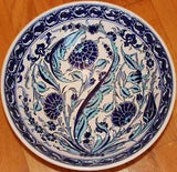 12"x4" Handmade Turkish Blue Iznik Carnation & Floral Pattern Ceramic Bowl