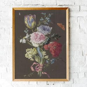 Tulip and Peony Bouquet with Butterfly, Barbara Regina Dietzsch, Dark Academia Vintage Print, Lush Antique Floral Printable Wall Art