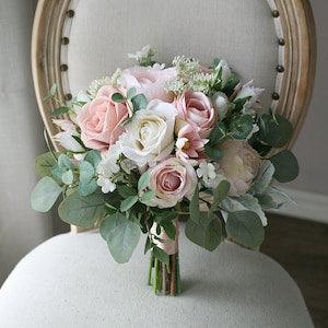 Blush and Cream Bridal Bouquet 12"/ Dusty Rose and Greenery Wedding Bouquet/ Pink and White Flower Bouquet/ Rustic Wedding Bouquet