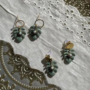 Pale Sage Green Monstera Polymer Clay and Opal Star Drop Earrings, Gold Hollow or Solid Ear Posts, Gold Plated