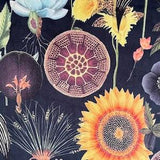 Poppy Sunflower Printed Velvet by Metre Botanical Plants Blue Black Teal Green Yellow