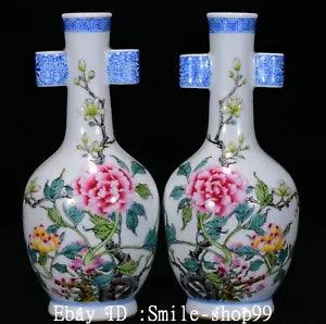 7" Old Qing Dynasty Enamel Colour Porcelain Peony Flower Vase Bottle Pair
